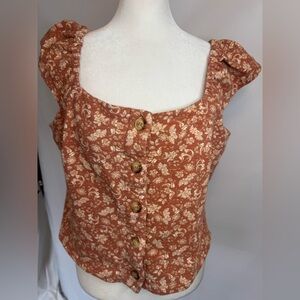 Rewind Rust Floral Button Crop Top, Ruffle Strap Sleeve